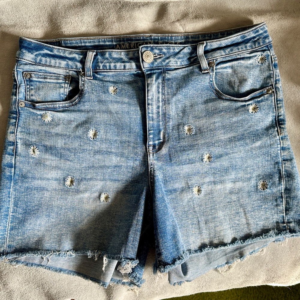American Eagle Outfitters Blue and White Distressed Jean Shorts, 14